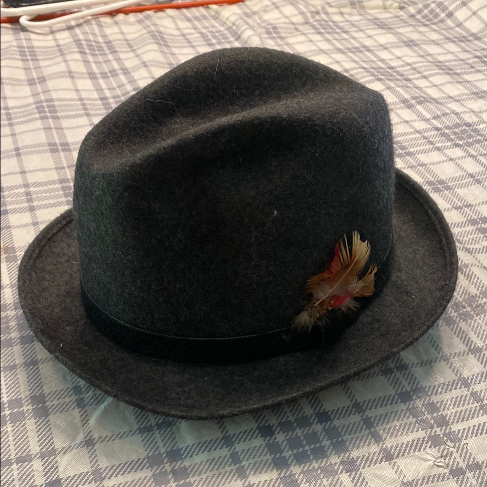 Gray Fedora Hat with Feather Accent